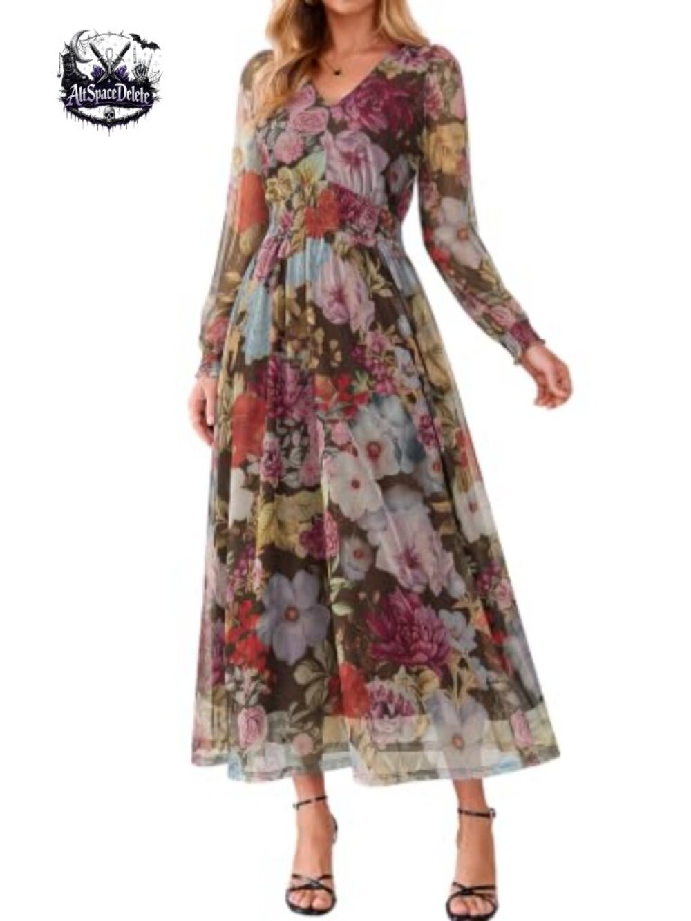 Tulle Floral Long Sleeve Maxi Dress Smocked Waist Wedding Guest